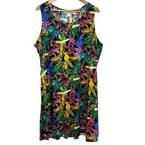 Tropical Parrot Sleeveless Plus Size 1X Tie Back Notations Rayon Shift Dress